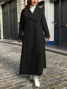 SHEIN Privé Plus Size Women Casual Solid Color Lapel Double-Breasted Mid-Length Coat, Autumn/Winter