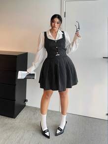 Flirla Plus Size Striped Tank Top & Pleated Skirt 2 Pieces Set - Black - View 6