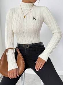 Calvaya Jersey de cuello redondo de unicolor con detalle de trenzado, top elegante con detalle de bordado, otoño/invierno