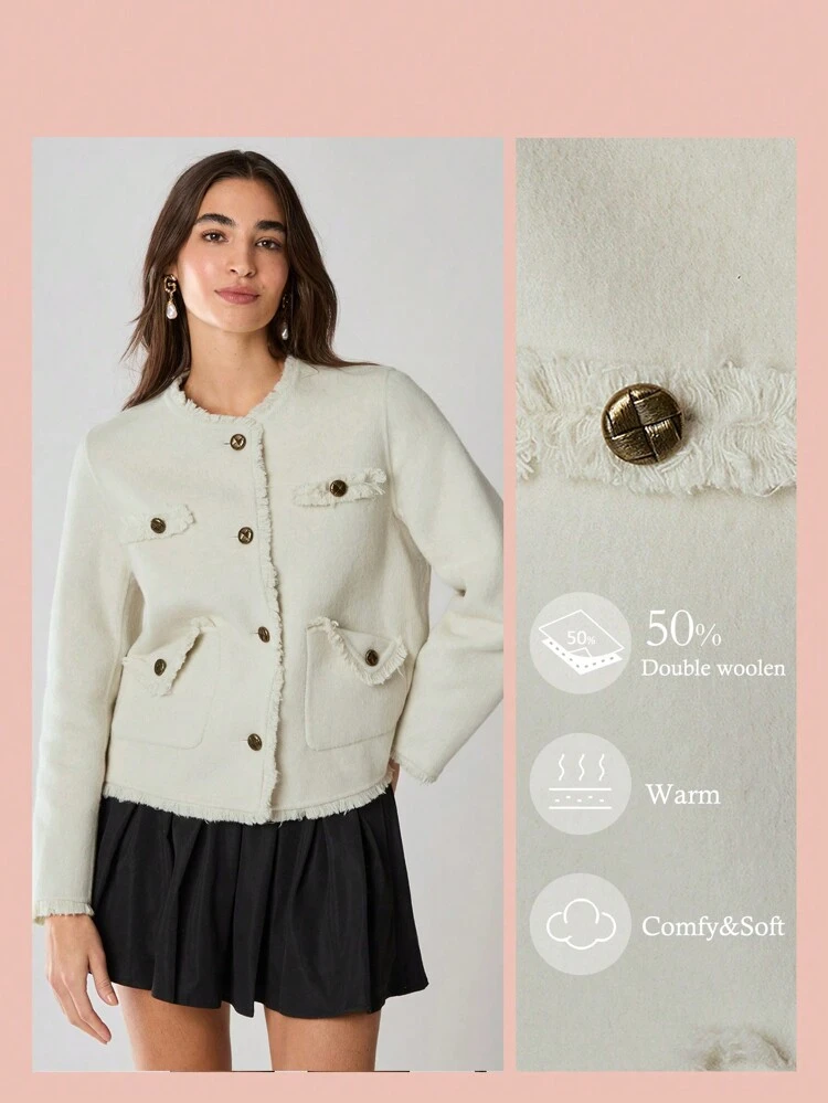 Novos Produtos de Outono e Inverno, Sobretudo Elegante de Mangas Longas com Abotoamento Frontal e Acabamento Esfarrapado Dupla Face para Mulheres, Roupas Femininas de Outono e Inverno, Conjuntos Femininos de Outono, Roupas de Inverno, Roupas para Clima Frio, Casaco Feminino de Inverno, Roupas de Natal Femininas