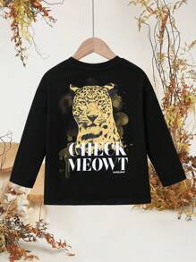 Animal Planet X SHEIN 年轻男孩动物世界豹纹图案酷炫休闲黑色长袖 T 恤