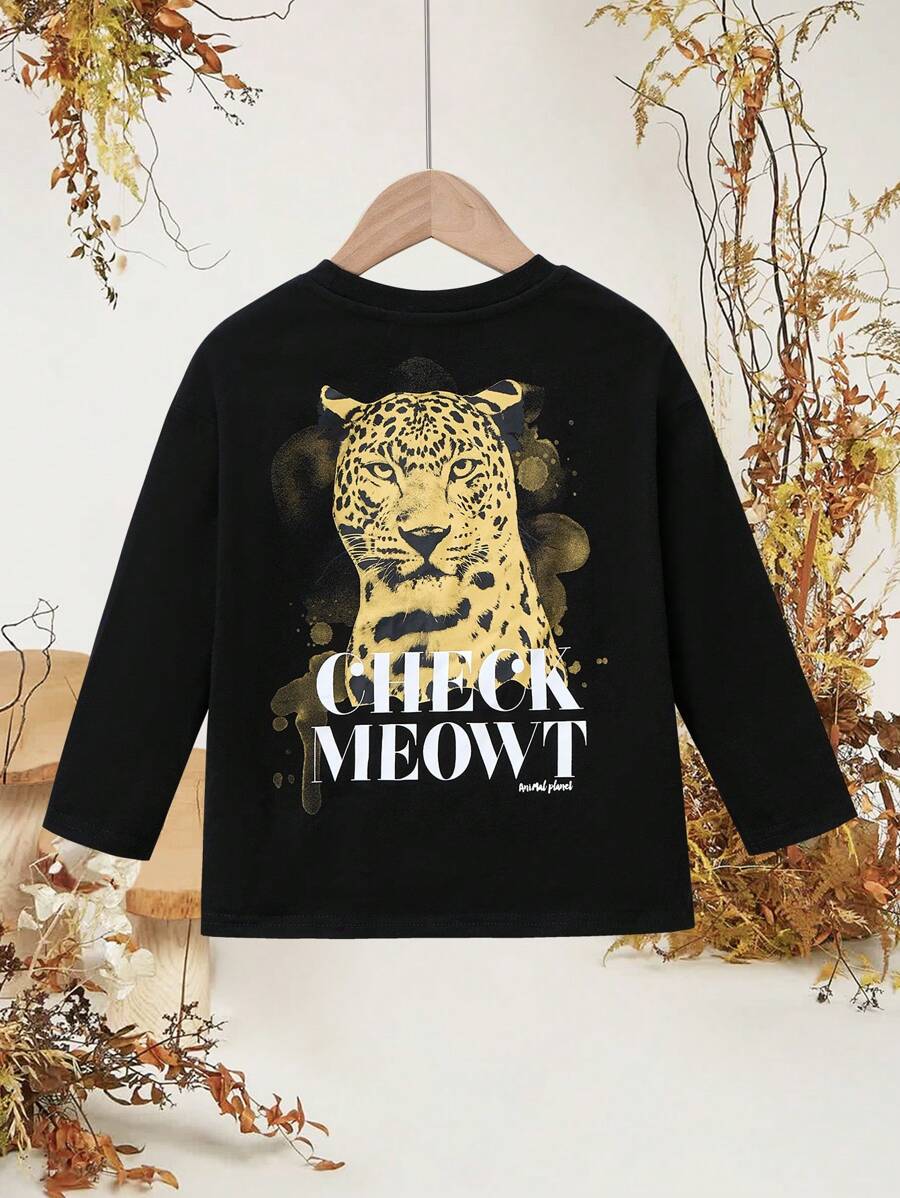 Animal Planet X SHEIN 年轻男孩动物世界豹纹图案酷炫休闲黑色长袖 T 恤