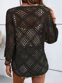 SHEIN PETITE Pulls ajourés style vacances avec motif floral 3D col V ample