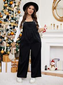 SHEIN LUNE Winter Women Dress Casual Everyday Wear Plus Size Women Long Sleeve Women Jumpsuit Black Pocket Shoulder Strap Button Design Adjustable Casual Suspender Jumpsuit Holiday Outfit