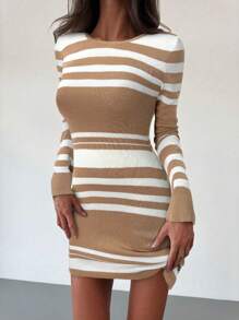 Aloruh Modern Casual Bodycon Mini Backless Lace Up Bell Sleeve Asymmetrical Striped Women Sweater Dress - Multicolor - View 6