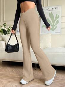 SHEIN EZwear 休闲简约纯色交叉 V 形腰带喇叭裤 - 卡其色 - 查看 6