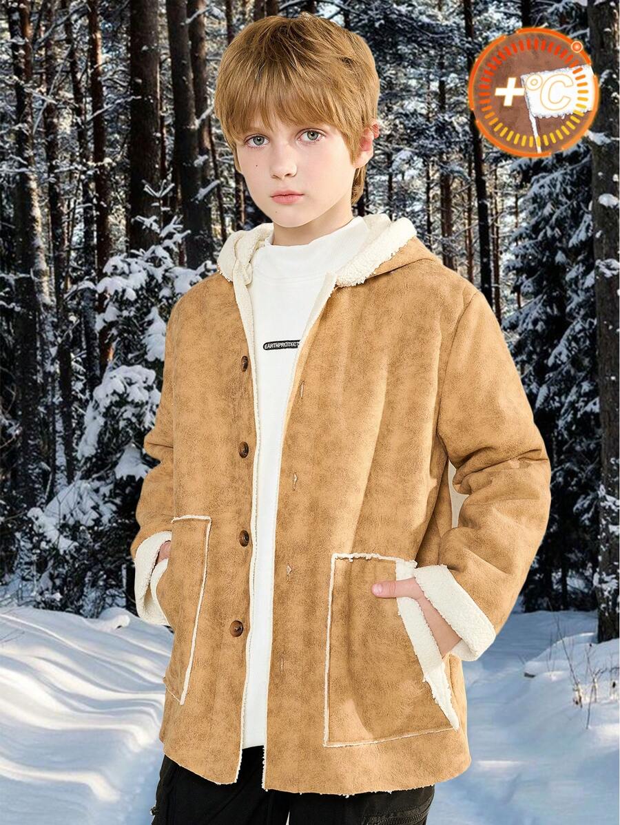Tween Boy Cute Ear Decor Thickened Faux Suede Jacket - Brown - View 1