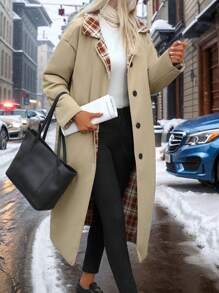 SHEIN Clasi 卡其色格子夹棉外套女款，休闲宽松直筒长款过膝夹棉外套，优雅冬装外套 - 卡其色 - 查看 4