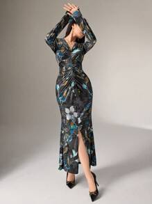 Modelyn Robe élégante à manches longues, col V, imprimé floral, froncée à l'ourlet fendu, pour soirée longue
