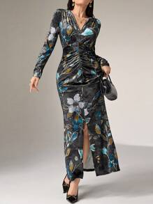 Modelyn Robe élégante à manches longues, col V, imprimé floral, froncée à l'ourlet fendu, pour soirée longue