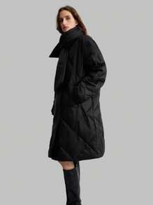 Ontre 女士黑色中长款羽绒服，可拆卸围巾，休闲商务风格，绗缝图案，冬季