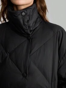 Ontre 女士黑色中长款羽绒服，可拆卸围巾，休闲商务风格，绗缝图案，冬季