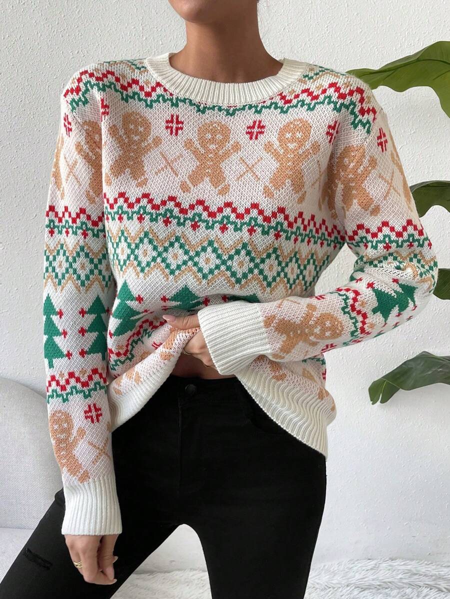 Chiquease Suéter informal de manga larga con cuello redondo, estampado de geometría y hombre de jengibre, versátil para mujer - Blanco - Ver 1