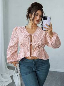Flirla Blusa con mangas de farol, dobladillo con volantes, cierre delantero con lazo, diseño jacquard floral, talla grande, otoño - Rosa - Ver 5