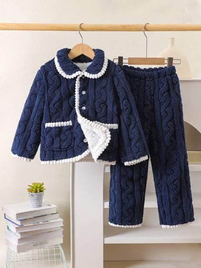 SHEIN 2pcs Young Girl Casual Colorblock Lapel Long Sleeve Top & Soft Coral Fleece Pajama Pants Set, Comfortable Autumn/Winter Sleepwear