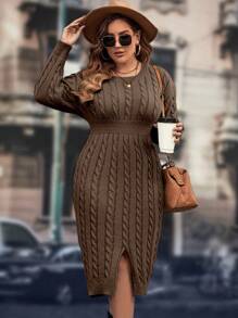 SHEIN Clasi Plus Size Solid Color Round Neck Long Sleeve Casual Pullover Sweater Dress, For Winter - Brown - View 7