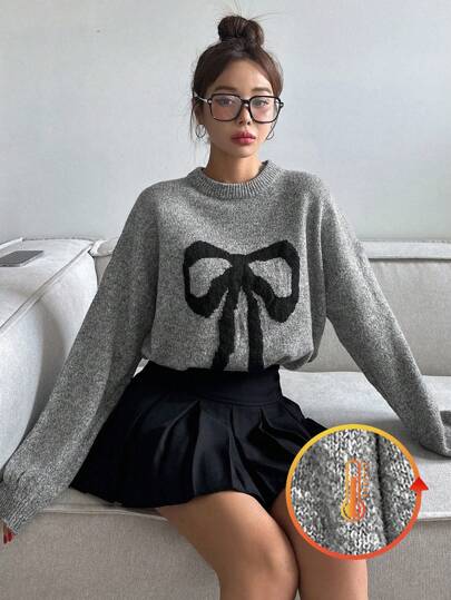 DAZY New Arrival Autumn Back-To-School Loose Women's Sweater With Bow And Butterfly Decor,Three Quarter Sleeve Tops