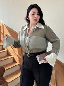 SHEIN Privé 大码女式黑白对比透视闪光雪纺衬衫，秋季返校季 - 灰色 - 查看 3