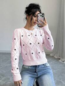 Chiquease Áo len chui đầu dài tay cổ tròn thêu hình ngôi sao cho nữ - Hồng - Xem 5