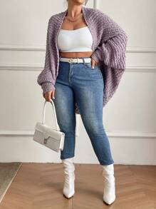 SHEIN CURVE+ 大码女式宽松蝙蝠袖纯色休闲开衫，秋冬 - 淡紫色 - 查看 6