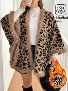 SHEIN Essnce 加大码女式冬季感恩节保暖新款时尚休闲宽松双面丝绒豹纹双口袋斗篷式外套，拼接毛皮装饰外套豹纹抓绒冬装外套 - 彩色 - 查看 1