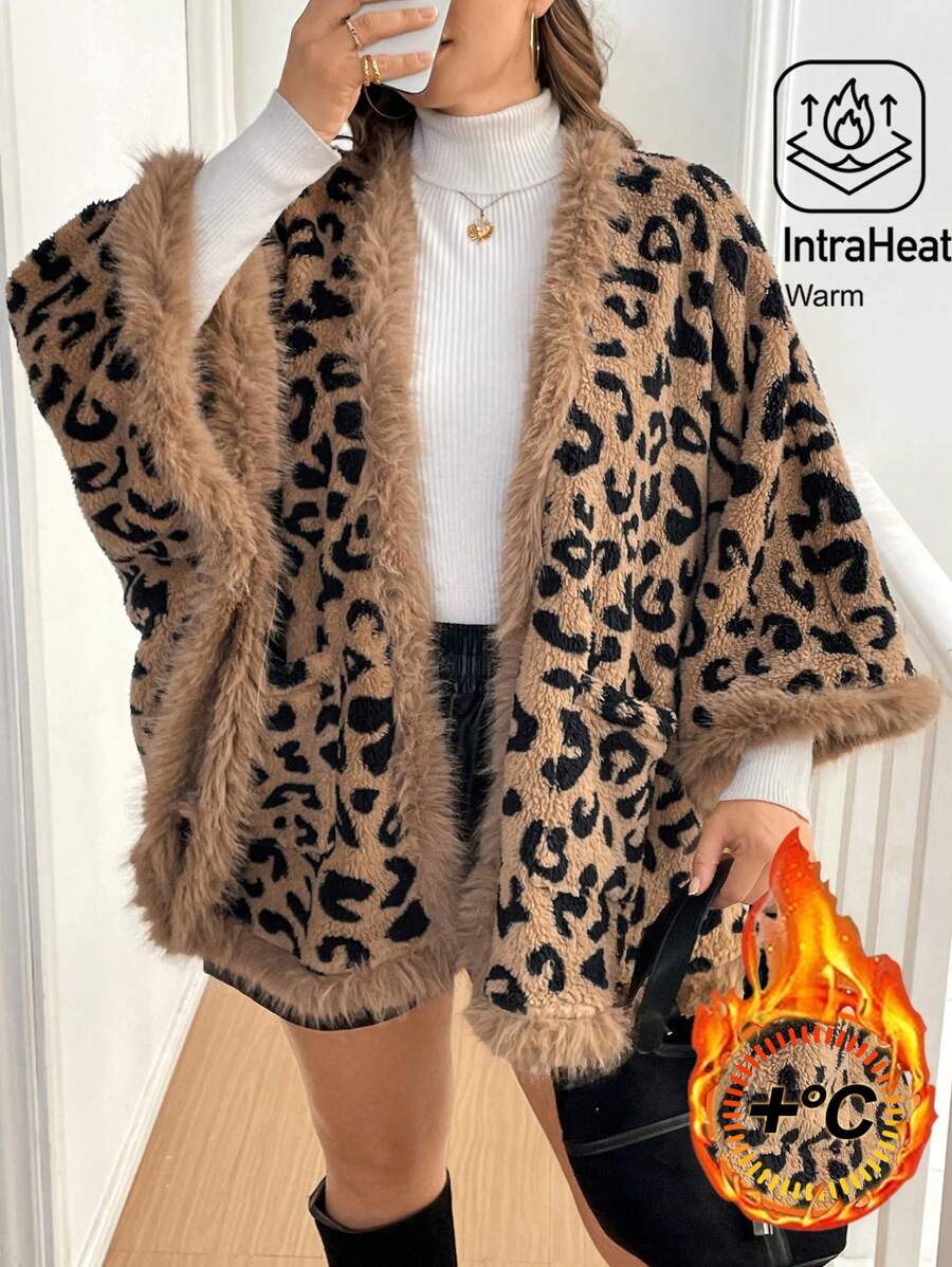 SHEIN Essnce 加大码女式冬季感恩节保暖新款时尚休闲宽松双面丝绒豹纹双口袋斗篷式外套，拼接毛皮装饰外套豹纹抓绒冬装外套 - 彩色 - 查看 1