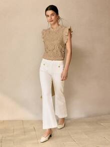 MOTF PREMIUM GUIPURE LACE SOLID FRILL MOCK NECK RUFFLE ARMHOLE TOP - Khaki - View 3