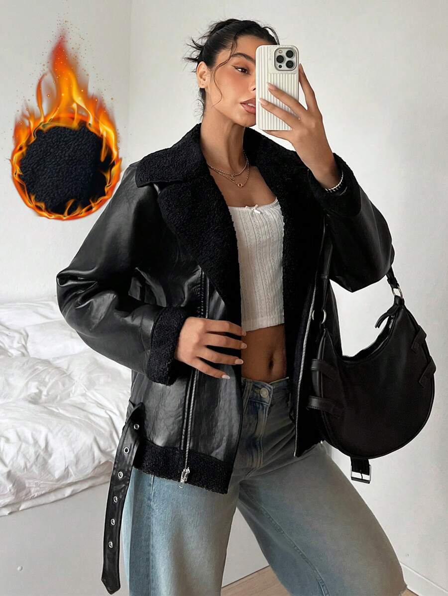 SHEIN EZwear 新款复古休闲黑色蓬松衬里宽松皮夹克，秋冬 - 黑色 - 查看 1