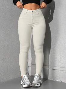 SHEIN ICON 纯色口袋拉链开合休闲紧身牛仔裤 - 杏色 - 查看 4