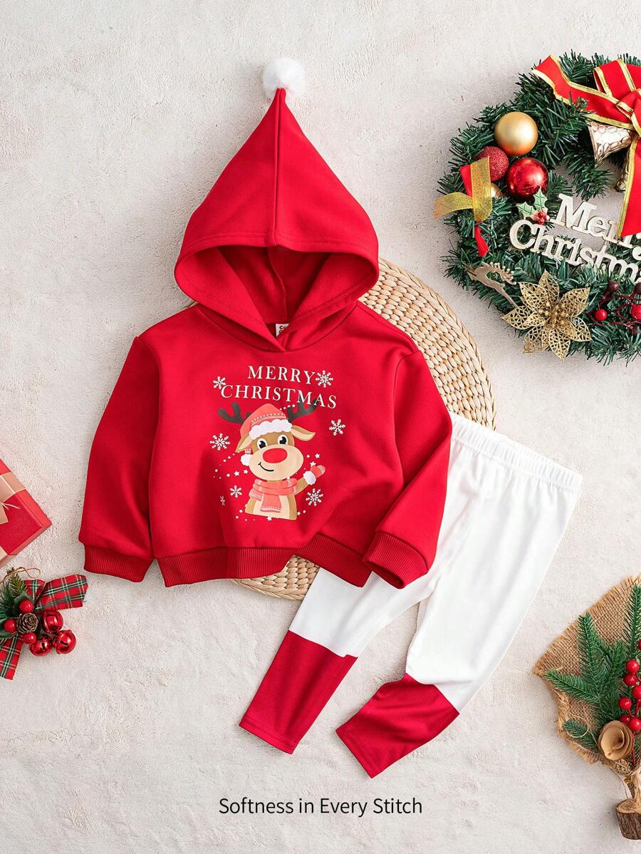 Cozy Pixies 2 件套女婴圣诞图案装饰绒球连帽运动衫和紧身裤套装