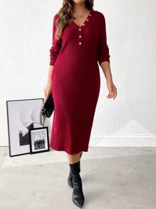 SHEIN LUNE Vestido elegante de manga larga con botones y textura estriada de unicolor para mujer talla grande, otoño