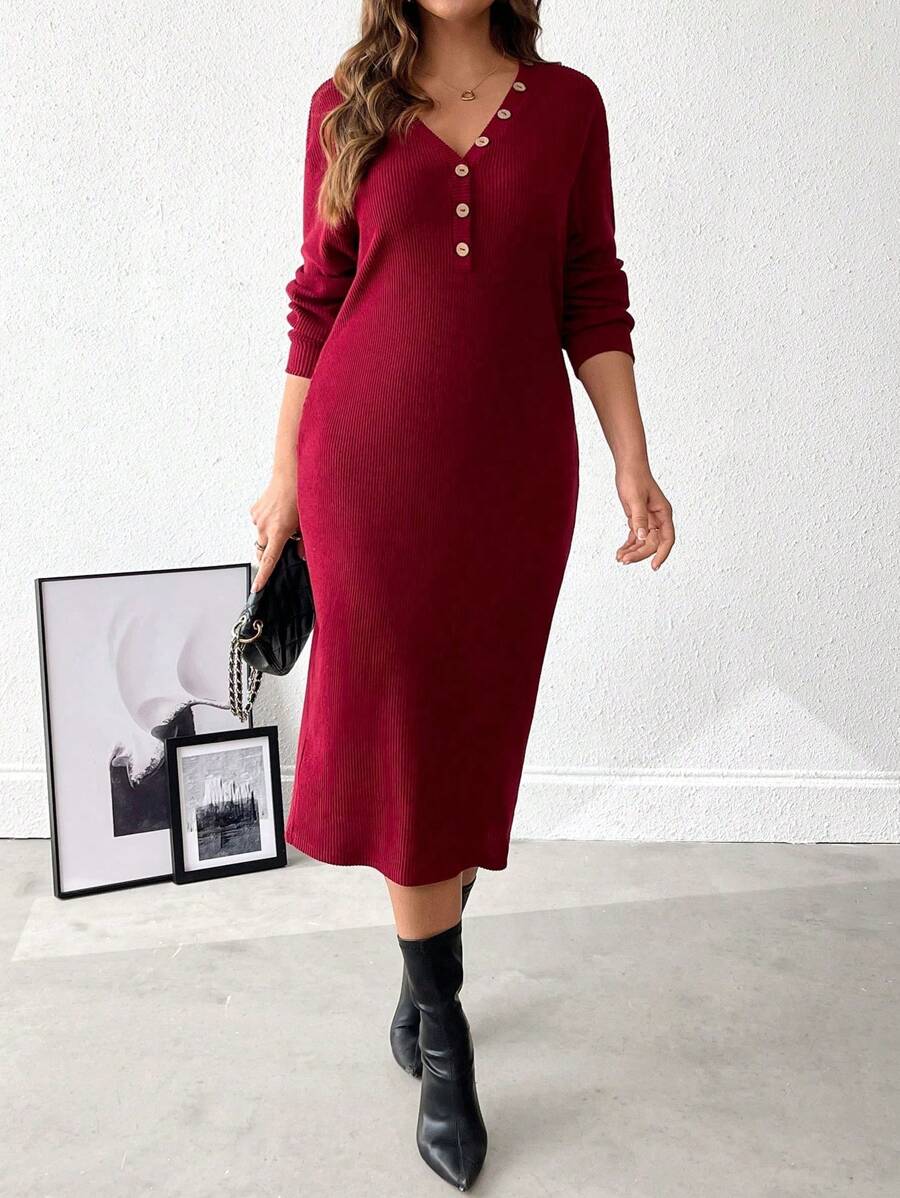 SHEIN LUNE Plus Size Women's Solid Color Button Decor Long Sleeve Ribbed Elegant Dress, Autumn - Burgundy - View 1