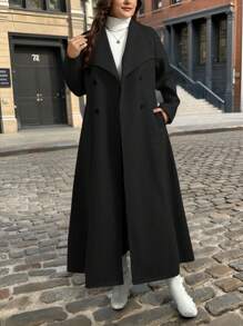SHEIN Privé Plus Size Women Casual Solid Color Lapel Double-Breasted Mid-Length Coat, Autumn/Winter