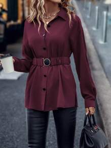 SHEIN LUNE Solid Color Button Front With Belt Long Sleeve Elegant Shirt Fall Cloth For Women - Red Violet - View 4