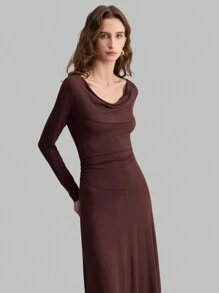 Ontre Vestido elegante y sencillo de manga larga con cuello de cowl, vuelo en el dobladillo, perfecto para fiestas y Año Nuevo, una prenda imprescindible para combinar