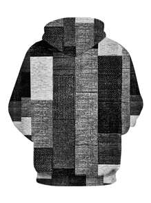 Men's Geometric Print Long Sleeve Drawstring Hooded Casual Sweatshirt, Autumn - Black and White - View 6