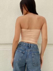 SHEIN Essnce Áo ba lỗ bó sát viền bất đối xứng có dây rút màu trơn dành cho nữ, mùa hè - Màu be - Xem 2