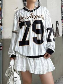 INAWLY Áo nỉ in chữ sọc nhiều màu thường ngày cho nữ, dành cho mùa thu - Nhiều màu - Xem 3