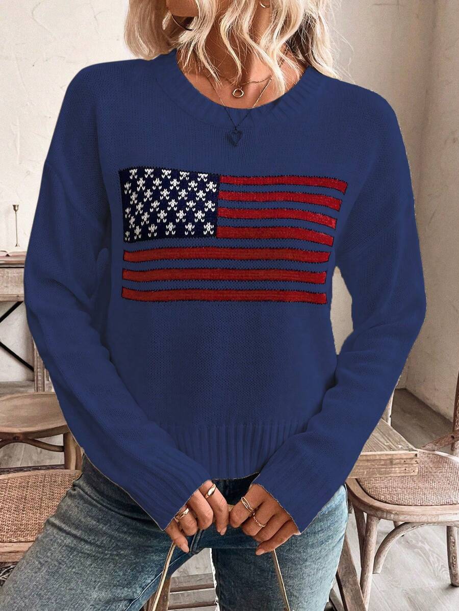 SHEIN LUNE American Flag Pattern Crew Neck Casual Pullover Sweater Knit Pullover Fall Winter - Navy Blue - View 1