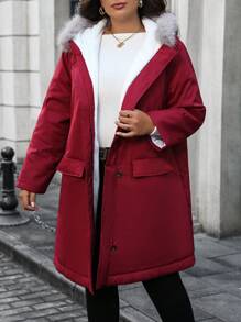 SHEIN Unity Plus Size Women Padded Hooded Coat, With Pockets, Loose Fit, Plush Patchwork Detail, Winter Clothes Fall Cloth For Women - Burgundy - View 5