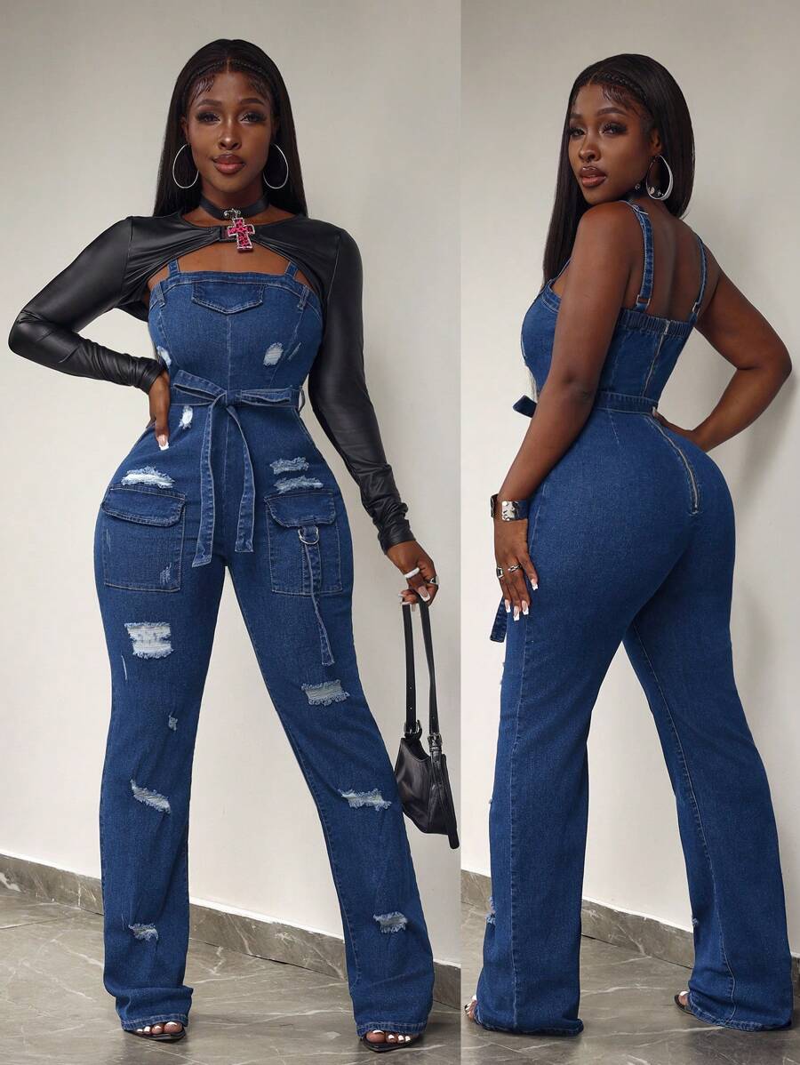 Slaydiva Women's Distressed Cargo Pocket Flared Casual Denim Jumpsuit With Suspenders - Dark Wash - View 1