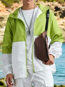Manfinity VCAY Men's Fashionable Casual Loose Fit Patchwork Long Sleeve Hooded Jacket,Waterproof, Sunscreen And Quick Drying,Patchwork, Green, White, For Fall Winter - Green - View 5