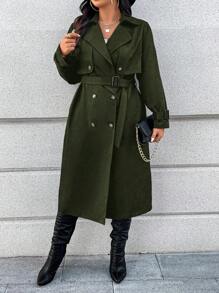 Calvaya Plus Size Solid Color Double-Breasted Belted Casual Trench Coat - Army Green - View 6