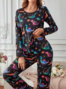 SHEIN Set Piyama Wanita Gaya INS Motif Dinosaurus Lucu di Seluruh Permukaan, Pakaian Musim Gugur dan Musim Dingin dengan Detail Nyaman dan Elegan - MultiWarna - View 6