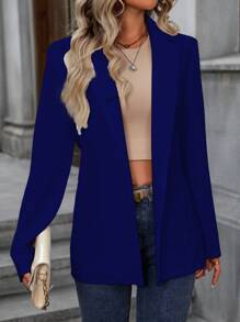SHEIN LUNE Áo khoác blazer nữ tay dài cổ bẻ màu trơn thanh lịch, mùa thu - Xanh đậm - Xem 5
