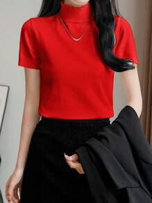 SHEIN LUNE 女士纯色高领短袖休闲上衣，简约新年服装 - 紅色 - 查看 7