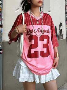 Rovax Áo thun nữ họa tiết sọc chữ và số phong cách thể thao thường ngày rộng rãi, áo phông họa tiết mùa hè cho nữ - Nhiều màu - Xem 3