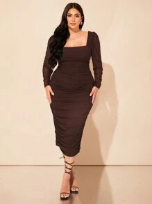 SHEIN BAE 加大码秋季黑色羊袖网眼褶皱方领优雅通勤长裙