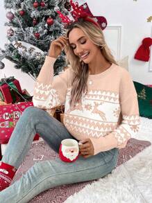 Chiquease 女士鹿纹几何图案圆领落肩毛衣，秋冬针织套头衫 - 彩色 - 查看 4