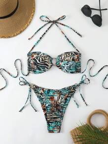 Summer Beach All Over Print Halter Backless Tie Top And Triangle Bikini Bottom Sexy 2pcs Swimwear Set - Multicolor - View 6